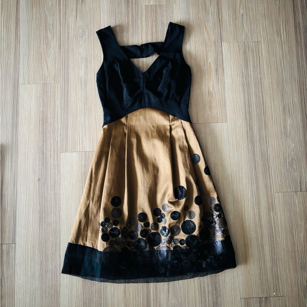 Aysha NY Dress Black Gold Sequin A Line Fit Flare Womens 0 Cocktail Party Formal